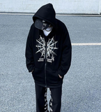 Heart Spider Web Baskılı Oversize Fermuarlı Siyah Unisex Kapüşonlu Hırka