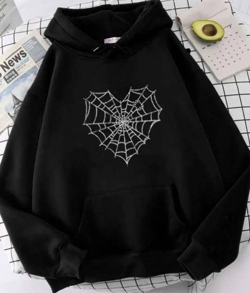 Heart Web Baskılı Siyah Unisex Oversize Kapüşonlu Sweatshirt