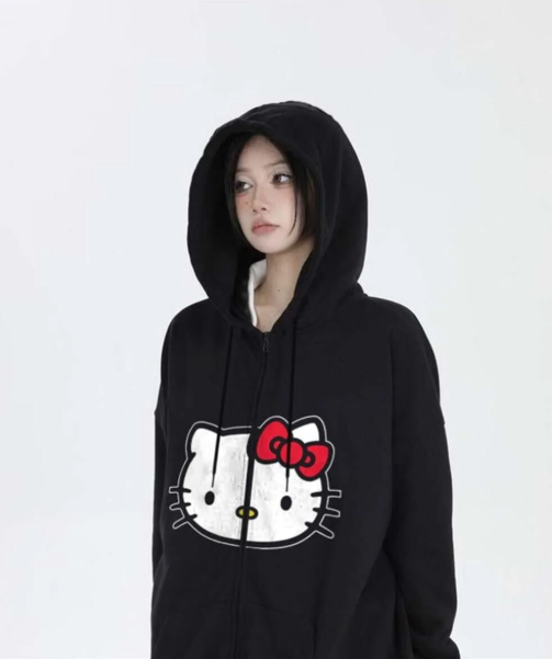 Hello Kitty Head Baskı Oversize Fermuarlı Siyah Unisex Kapüşonlu Hırka