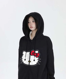 Hello Kitty Head Baskı Oversize Fermuarlı Siyah Unisex Kapüşonlu Hırka