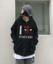 I Love Spider-Man Baskılı Oversize Fermuarlı Siyah Unisex Kapüşonlu Hırka