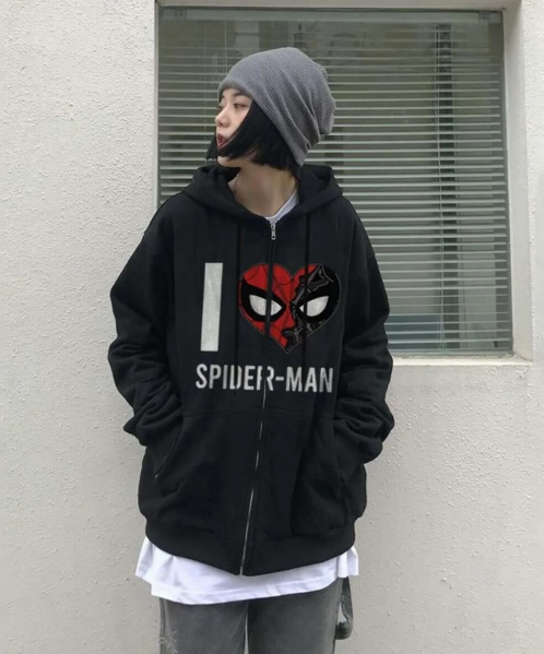 I Love Spider-Man Baskılı Oversize Fermuarlı Siyah Unisex Kapüşonlu Hırka