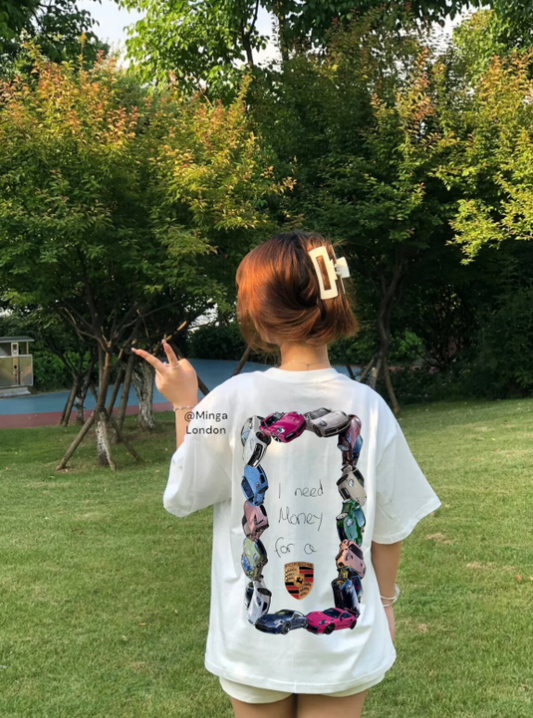 Unisex I need Money for a Luxury Car Baskılı Baskılı Bisiklet Yaka Oversize T-Shirt