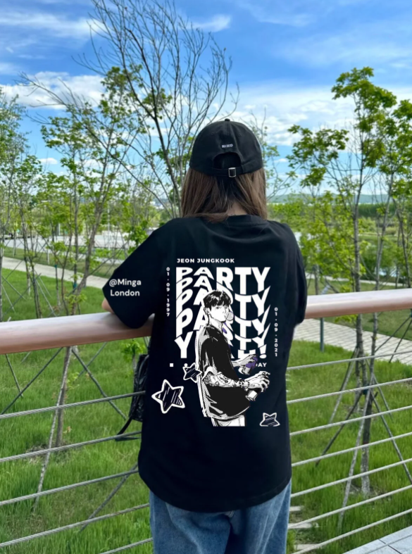 Unisex Jeon Jung-kook Party Sırt Baskılı Bisiklet Yaka T-Shirt