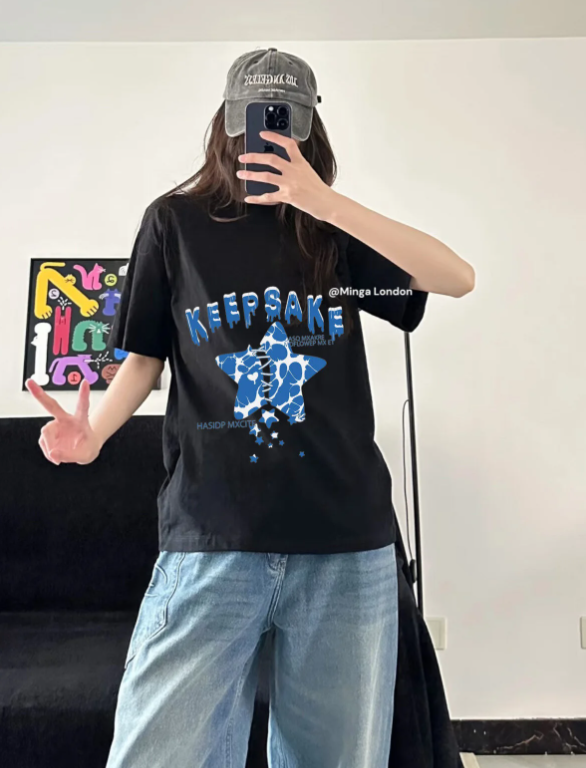 Unisex Keepsake Star Ön Baskılı Bisiklet Yaka T-Shirt