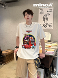 Kırmızı Car Cartoon Baskılı Bej Oversize T-shirt