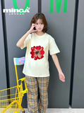 Kırmızı Çiçek Baskılı Bej Oversize Unisex T-shirt