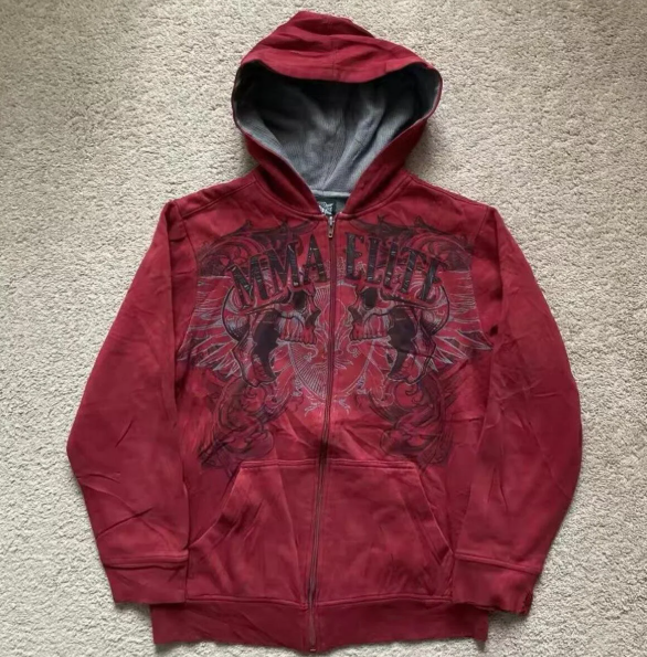 Kırmızı Gothic Legendary Outlaws Cyber Grunge Fermuarlı Kapüşonlu Köstebek Sweatshirt