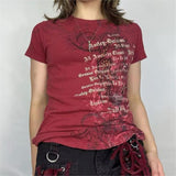 Kırmızı Skull Life Cyber Gotik Grunge Y2K Kısa Kollu Crop