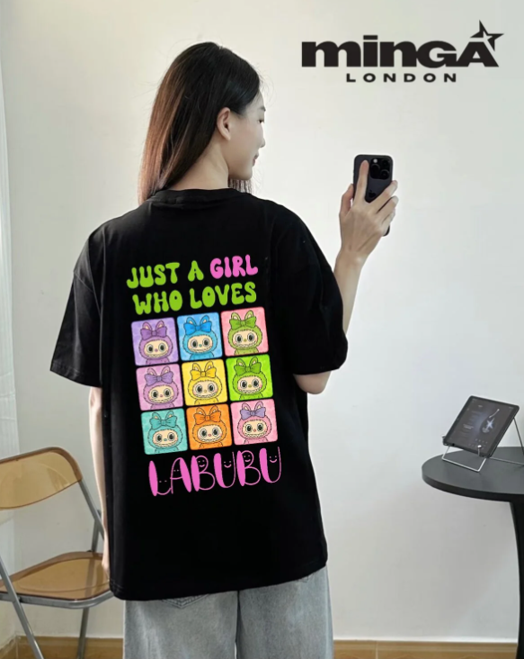 Unisex Labubu Card Baskılı Bisiklet Yaka T-Shirt