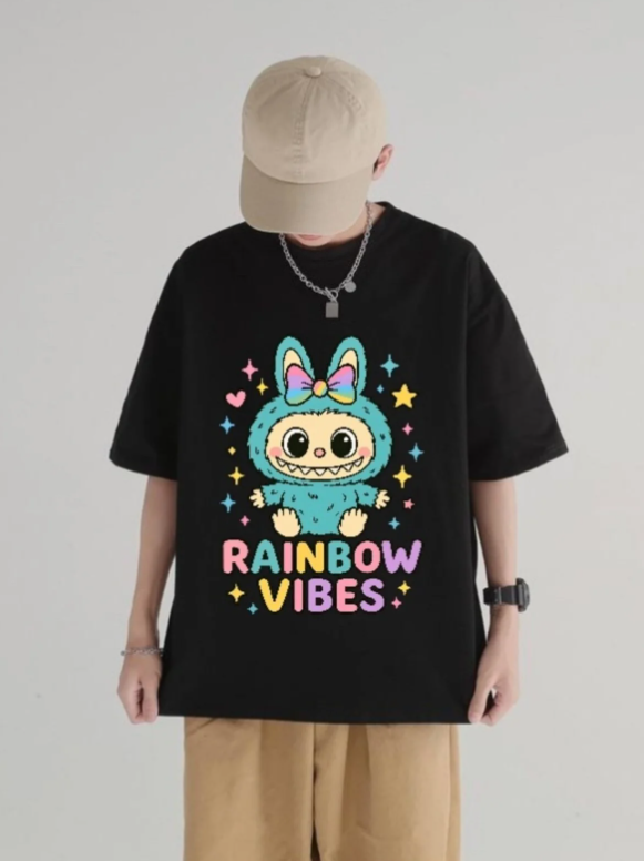 Unisex Labubu Raınbow Baskılı Bisiklet Yaka T-Shirt