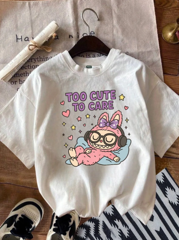 Unisex Labubu Too Cute To Care Baskılı Baskılı Bisiklet Yaka Oversize T-Shirt
