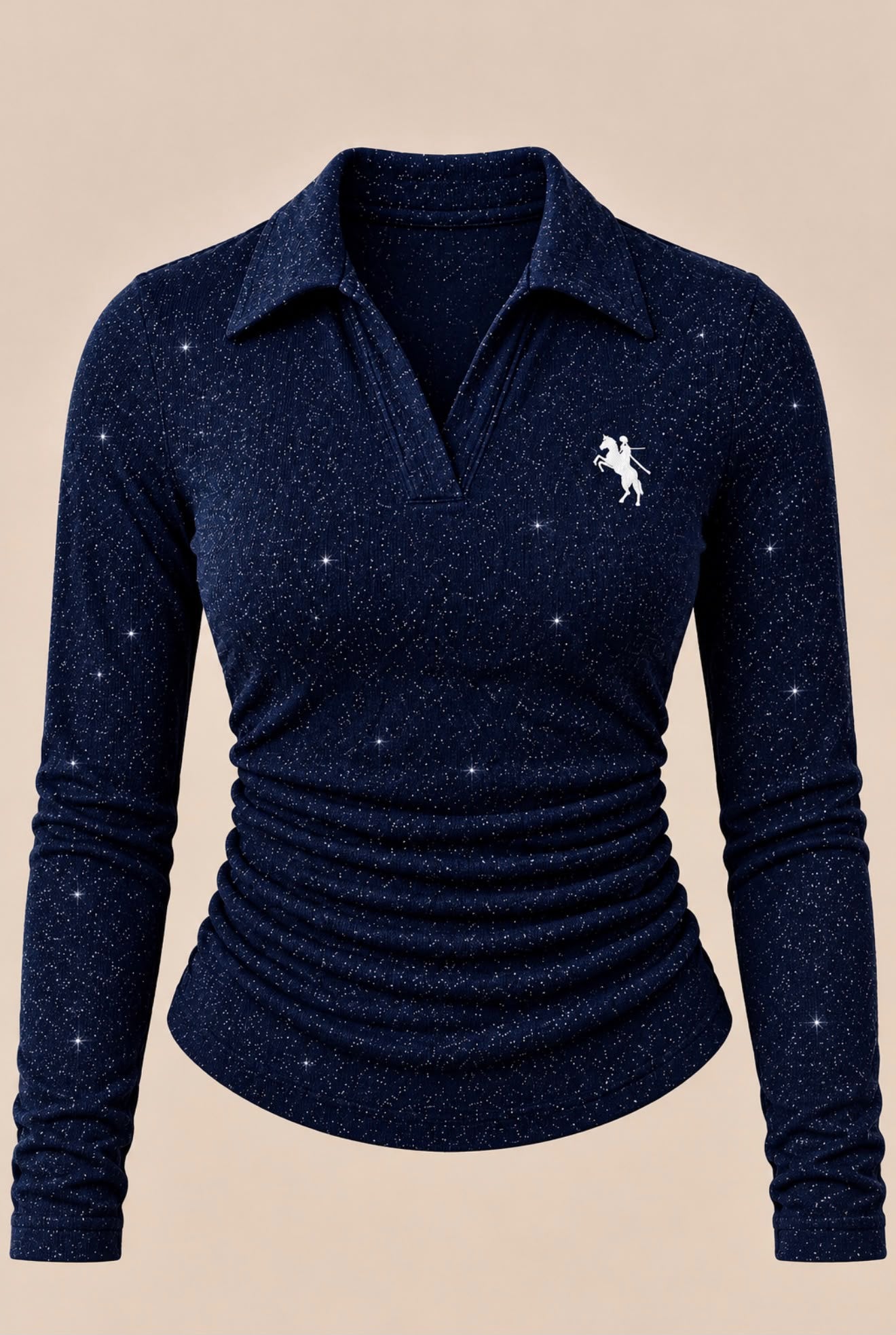 Polo Yaka Uzun Kol Simli , Nakış Detaylı ,Likralı Premium Body Bluz