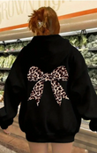 Leopar Desenli Kurdela Detail Siyah Baskılı Kapşonlu Sweatshirt
