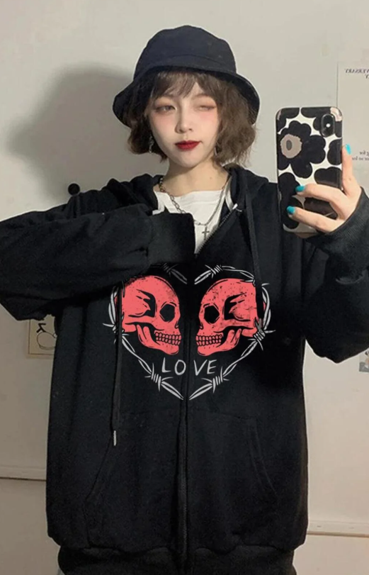 Love Skulls Baskılı Oversize Fermuarlı Siyah Unisex Kapüşonlu Hırka