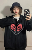 Love Skulls Baskılı Oversize Fermuarlı Siyah Unisex Kapüşonlu Hırka