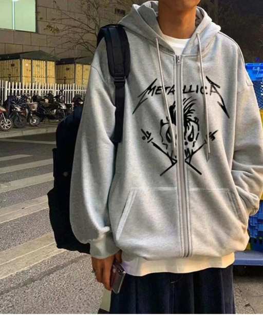 Metallica Skull Baskılı Oversize Fermuarlı Gri Unisex Kapüşonlu Hırka