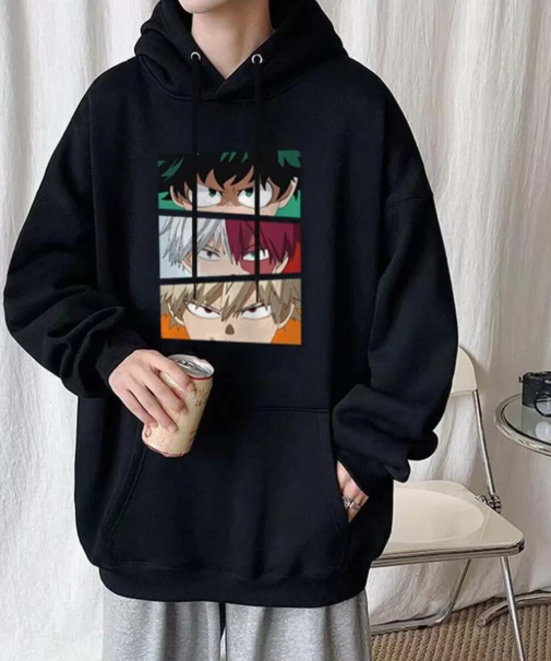 My Hero Academia Eyes Baskılı Siyah Unisex Oversize Kapüşonlu Sweatshirt