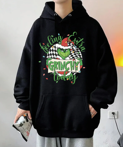 New Christmas Baskılı Siyah Unisex Oversize Kapüşonlu Sweatshirt