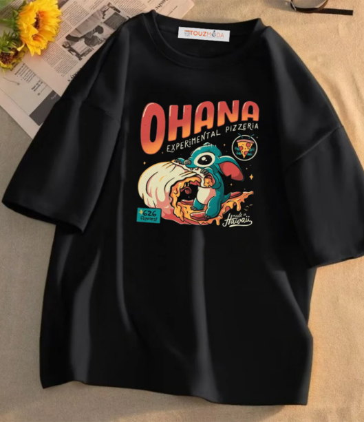 Ohana Baskılı Siyah Oversize Unisex T-Shirt
