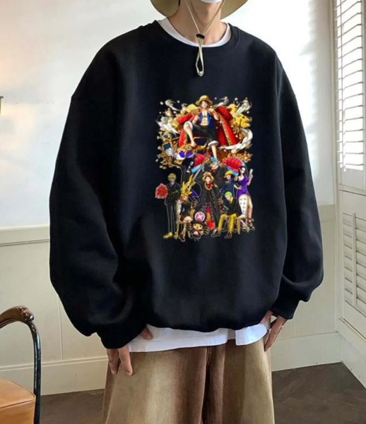 One Piece All Characters Baskılı Siyah Unisex Oversize Bisiklet Yaka Sweatshirt