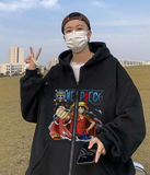 One Piece Fist Baskılı Oversize Fermuarlı Siyah Unisex Kapüşonlu Hırka