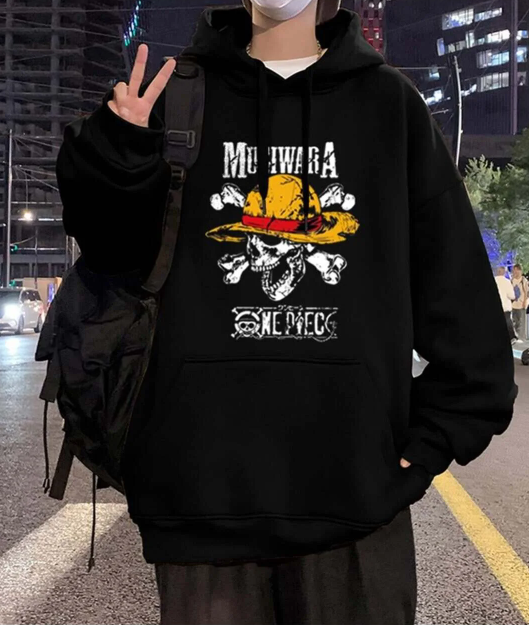 One Piece Mugiwara Baskılı Siyah Unisex Oversize Kapüşonlu Sweatshirt