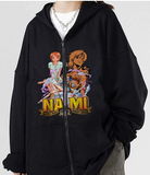 One Piece Nami Baskılı Oversize Fermuarlı Siyah Unisex Kapüşonlu Hırka