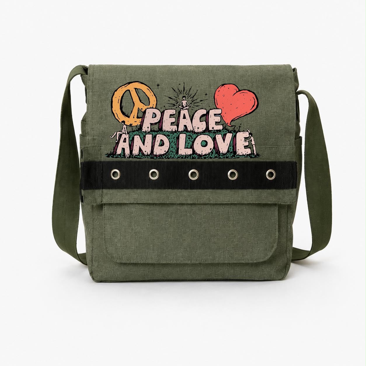 Peace And Love Baskılı Haki Renk Kuşgözü Postacı Çantası