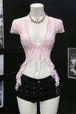 Pembe Dantelli Bağlamalı Bolero Y2K Kısa Kollu Crop