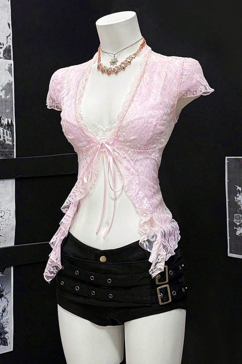 Pembe Dantelli Bağlamalı Bolero Y2K Kısa Kollu Crop