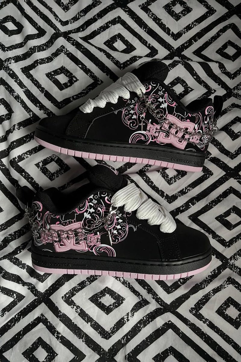 Siyah Pembe DC Shoes Baskılı Siyah Sneaker Bağcıklı Ayakkabı