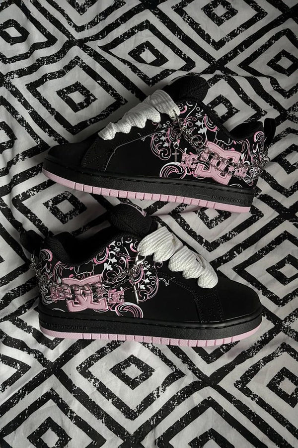 Siyah Pembe DC Shoes Baskılı Siyah Sneaker Bağcıklı Ayakkabı