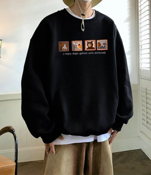 Pictures Baskılı Siyah Unisex Oversize Bisiklet Yaka Sweatshirt