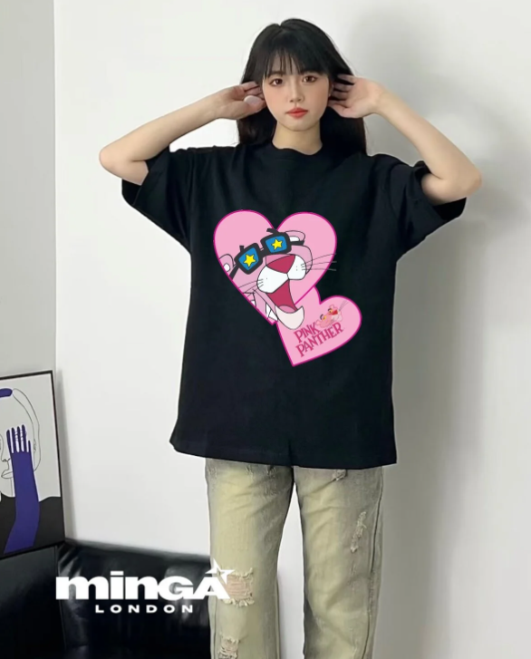 Unisex Pink Animal Cartoon Baskılı Bisiklet Yaka T-Shirt