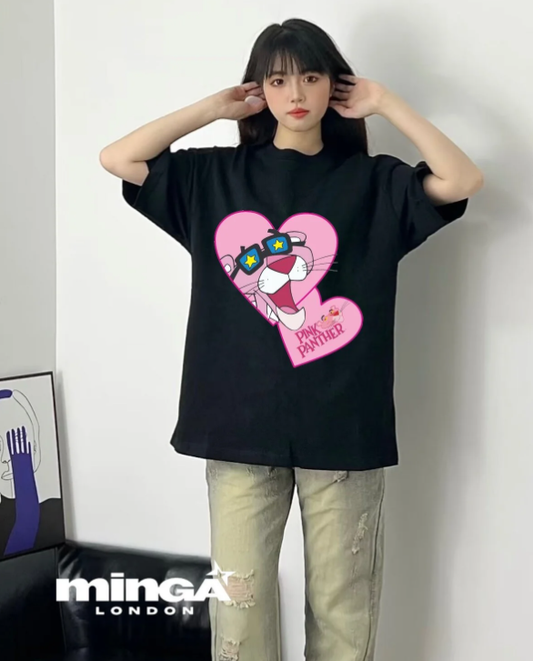Unisex Pink Animal Cartoon Baskılı Bisiklet Yaka T-Shirt