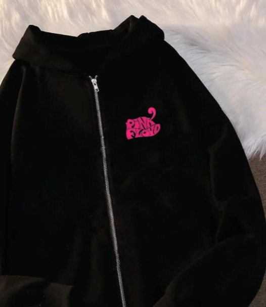 Pink Floyd Baskılı Oversize Fermuarlı Siyah Unisex Kapüşonlu Hırka