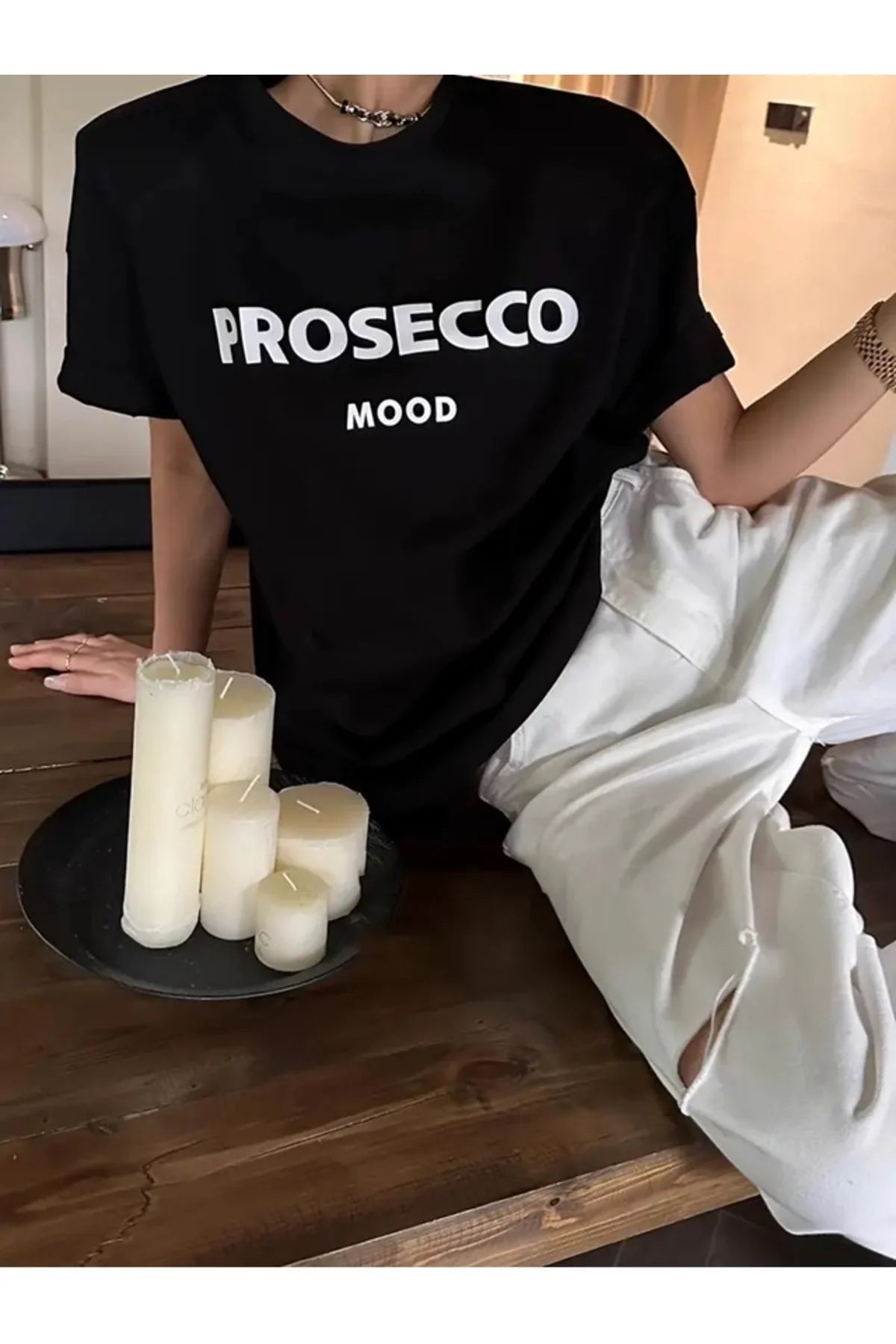 Prosecco Mood Baskılı Oversize Siyah T-Shirt