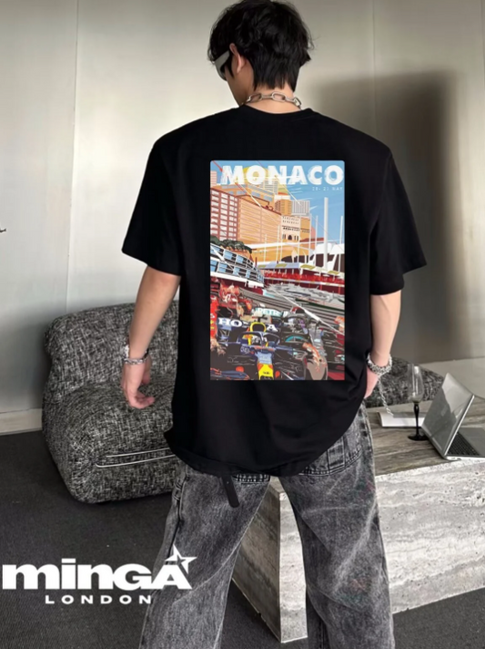 Unisex Racing Car Monaco Baskılı Bisiklet Yaka T-Shirt