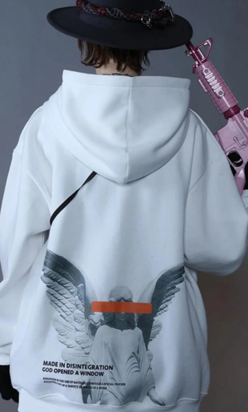 Retro Angel Baskılı Kapşonlu Beyaz Sweatshirt
