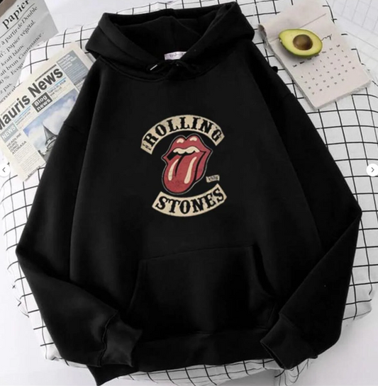 Rolling Stones Baskılı Siyah Unisex Oversize Kapüşonlu Sweatshirt