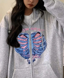 Ronronner Cat Rib Baskılı Oversize Fermuarlı Gri Unisex Kapüşonlu Hırka