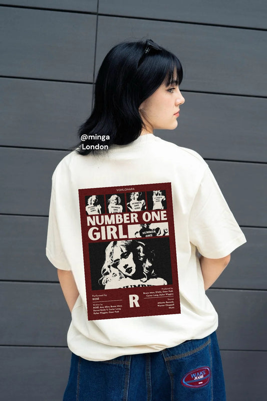 Rose Number One Girl Special Design New Season Arka Baskılı Oversize Bej Tişört