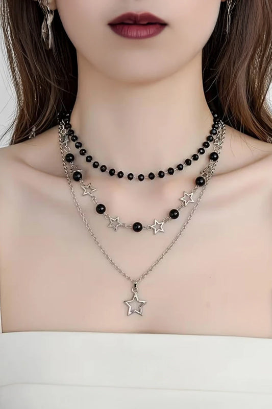 Silver Star Boncuklu Üçlü Grunge Kolye