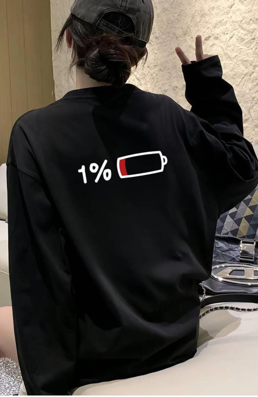 Sırt Baskı Low Battery Siyah Unisex Oversize Bisiklet Yaka Sweatshirt