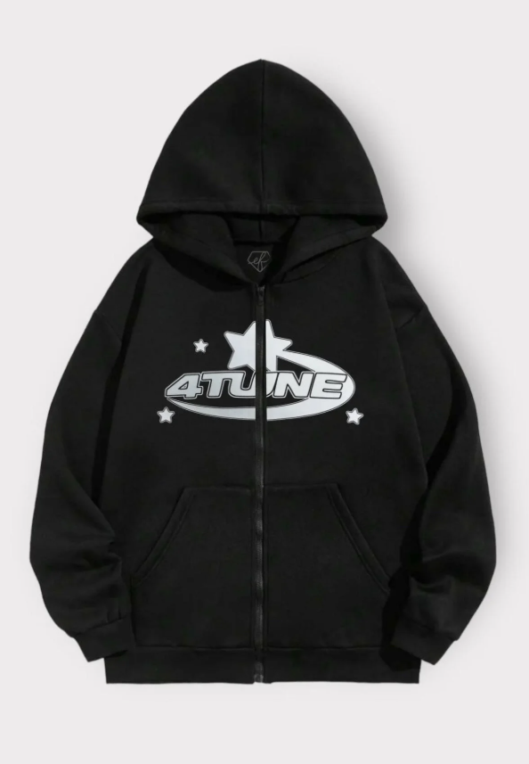 Siyah 4 Tune Unisex Kapüşonlu Fermuarlı Hırka