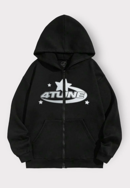 Siyah 4 Tune Unisex Kapüşonlu Fermuarlı Hırka