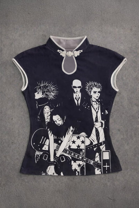 Siyah Anime Nana Qipao Vintage Y2K Kısa Kollu Crop