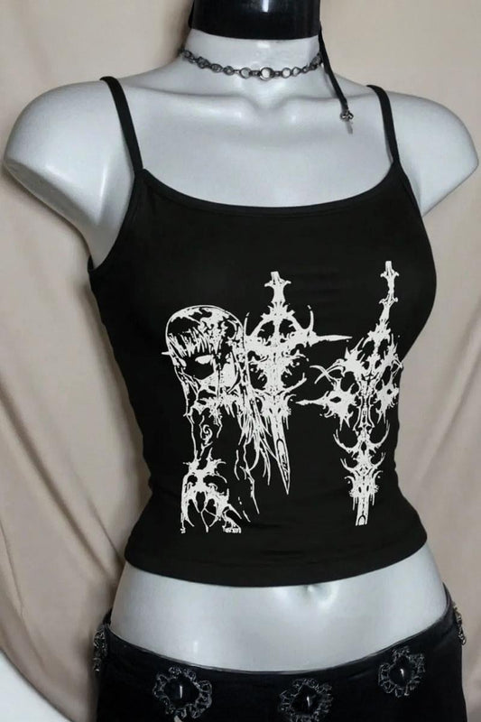 Siyah Anime Sword Gotik Y2K Askılı Crop