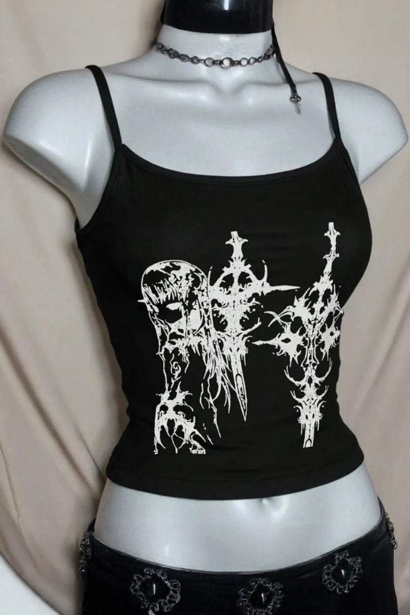 Siyah Anime Sword Gotik Y2K Askılı Crop